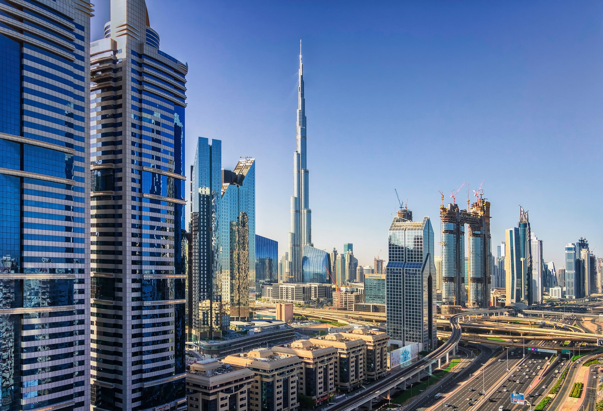 An image of Sheikh Zayed Road during the day time with Burj Khalifa in the background