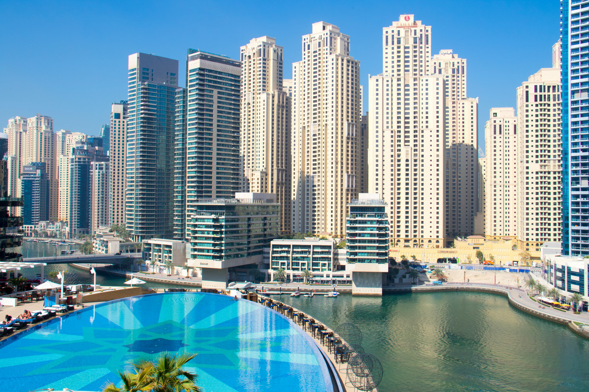 JBR and Dubai Marina skyline during the daytime