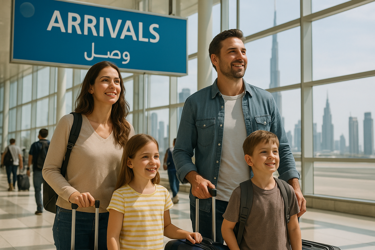 Hopeful family arriving in Dubai to start their new life.