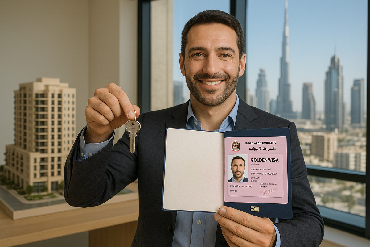 A man with a golden visa stamped on his passport holding the key to his new home.