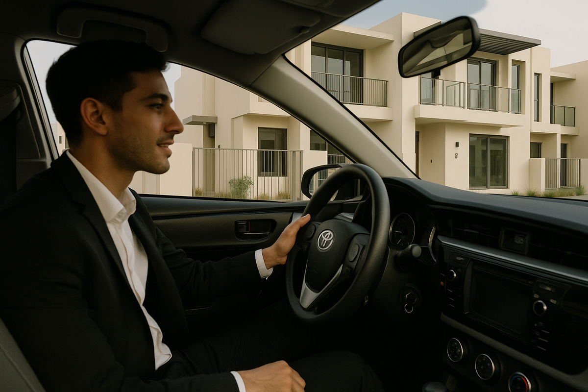 An agent pulling up to a viewing in Maple, Dubai Hills