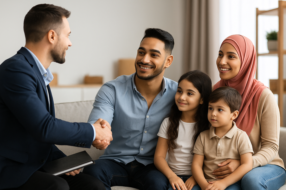 A family shaking hands with the agent and taking handover of a property