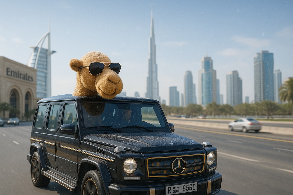 Mercedes G55 with a stuffed camel with sunglasses