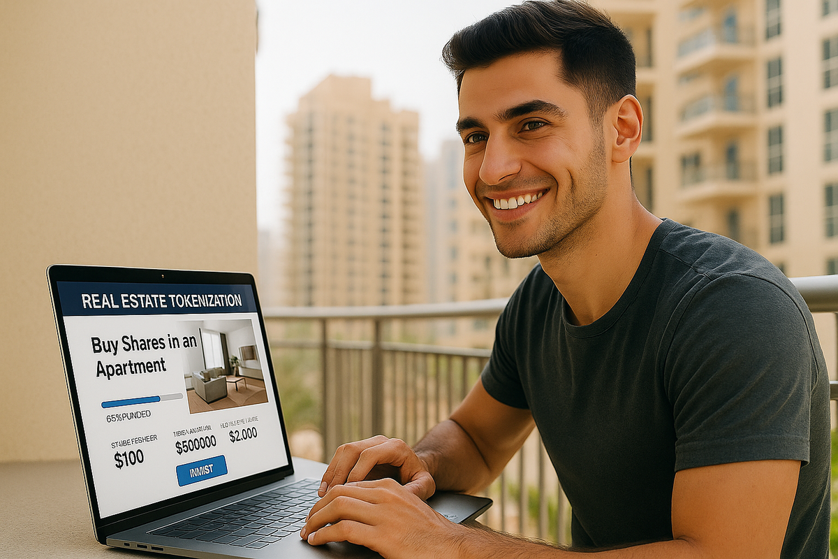 A young man sitting on a balcony in Dubai buying tokenised real estate on a laptop