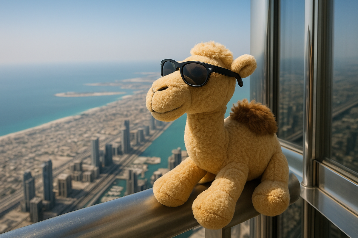 A toy camel looking out at the Gulf Coast from the Burj Khalifa
