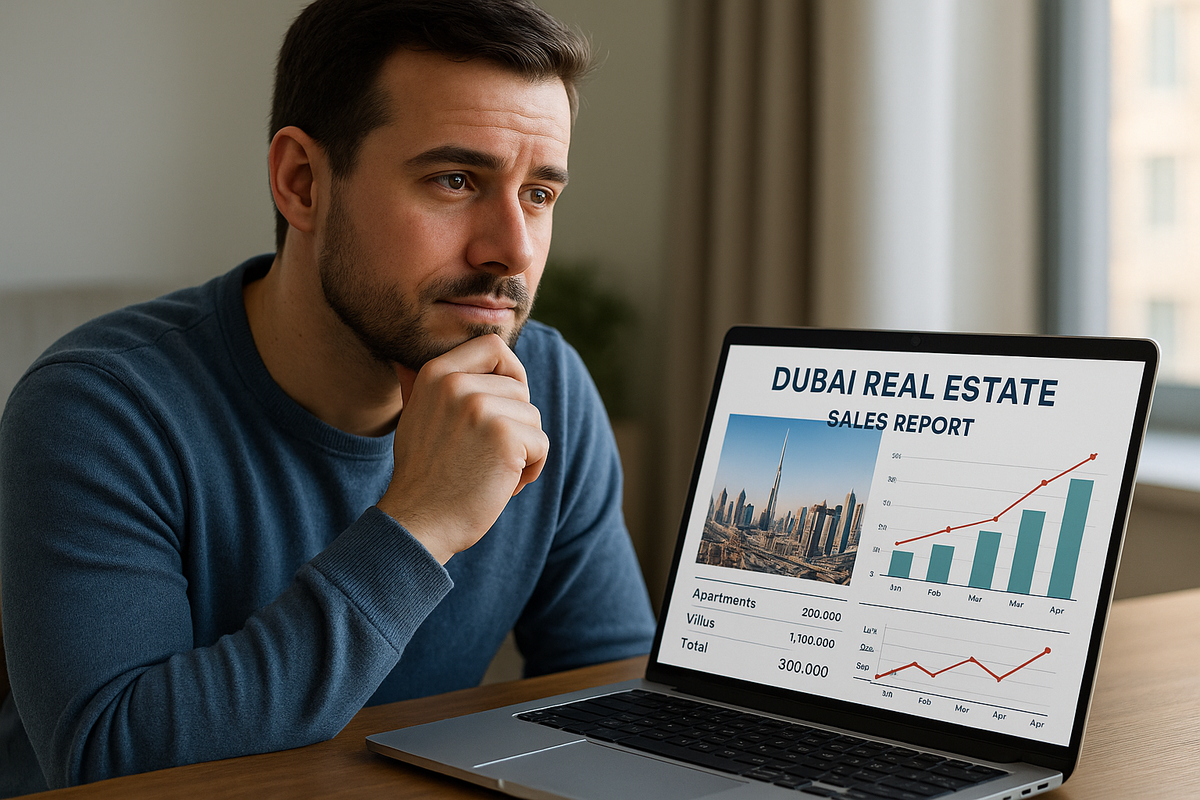 A buyer looking at real estate data in Dubai and thinking in a pensive yet optimistic way about the future.