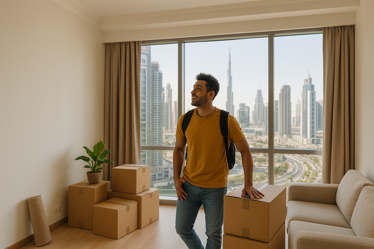 Young man moving into his new apartment in downtown Dubai