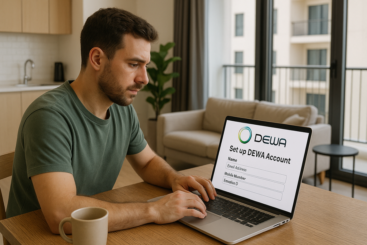A man setting up his DEWA account in his apartment in Dubai