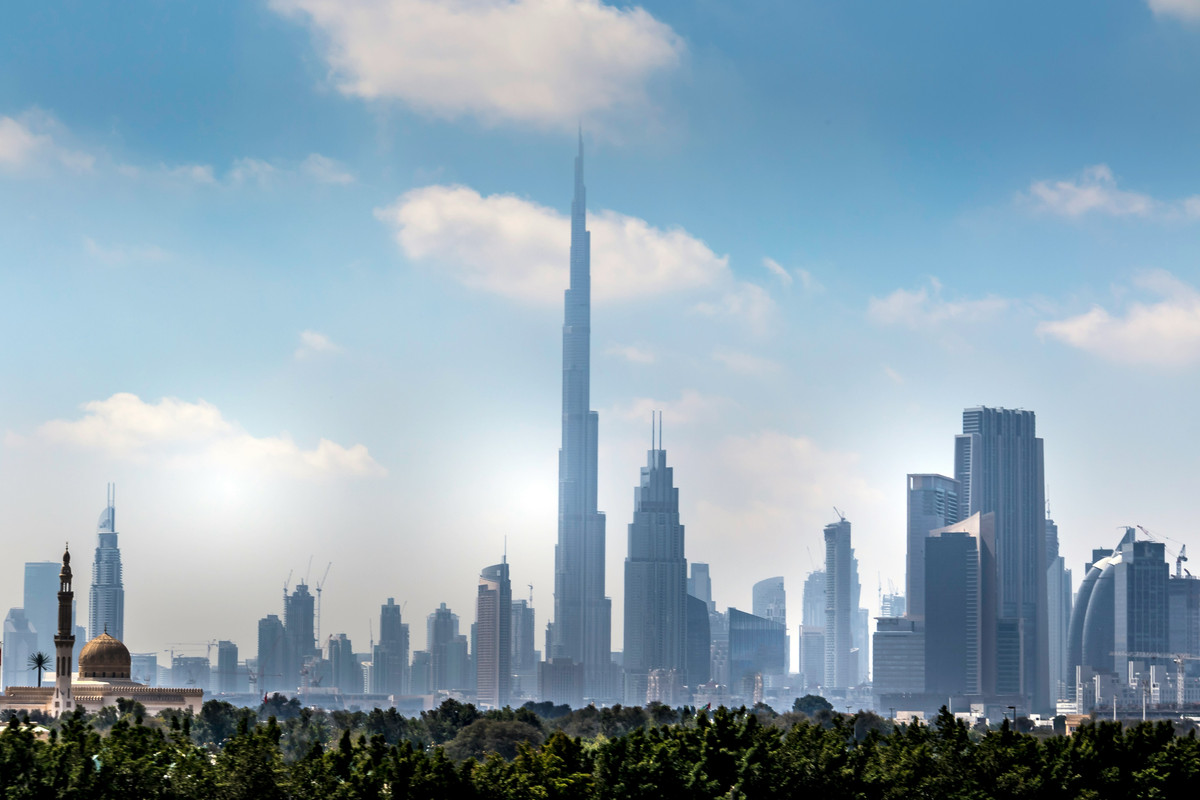 Downtown skyline on a cloudy winter day in Dubai with a great view of the Burj Khalifa